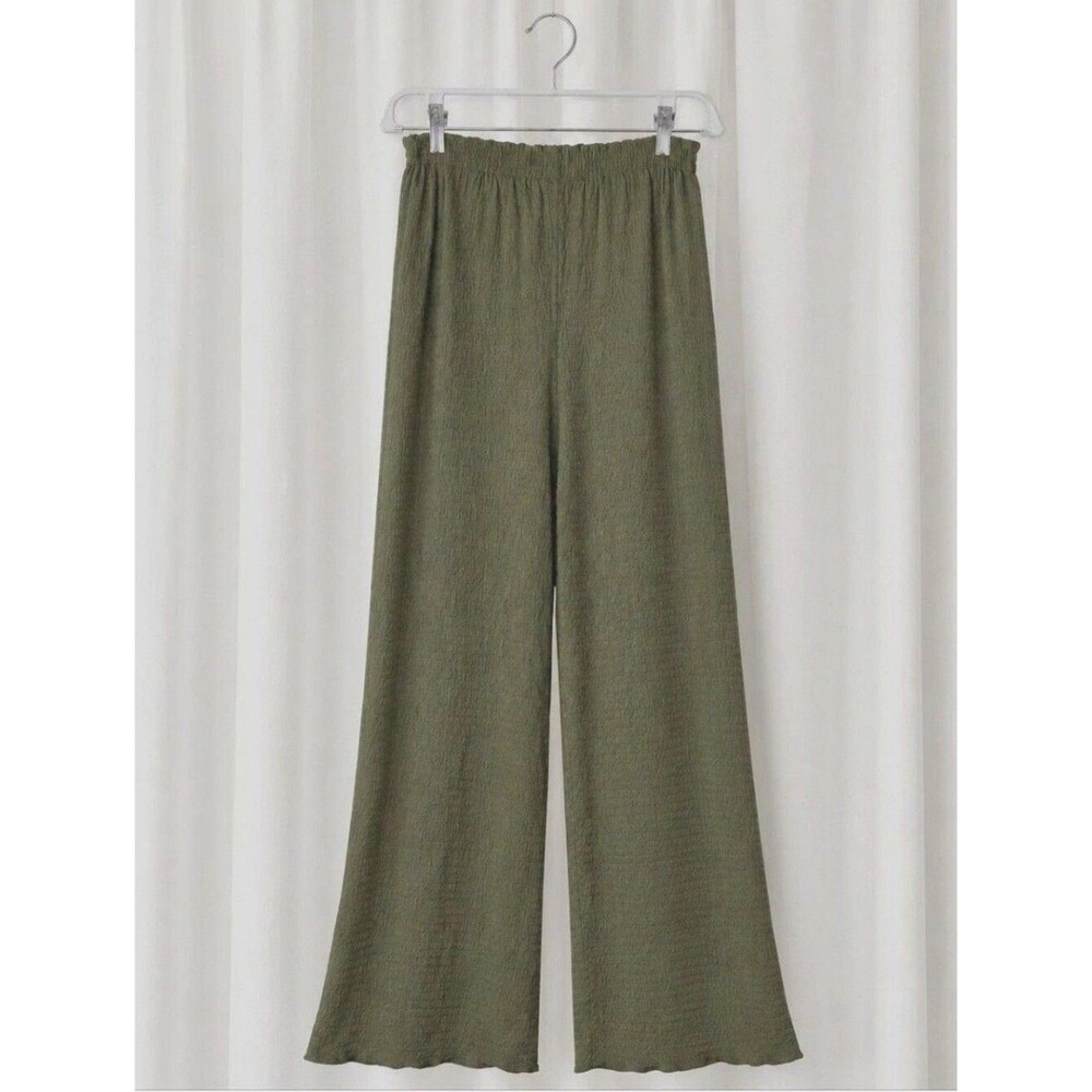 Mango MNG Olive Green Textured Pull On Soft Crinkle Stretch Chic Wide Leg Pants